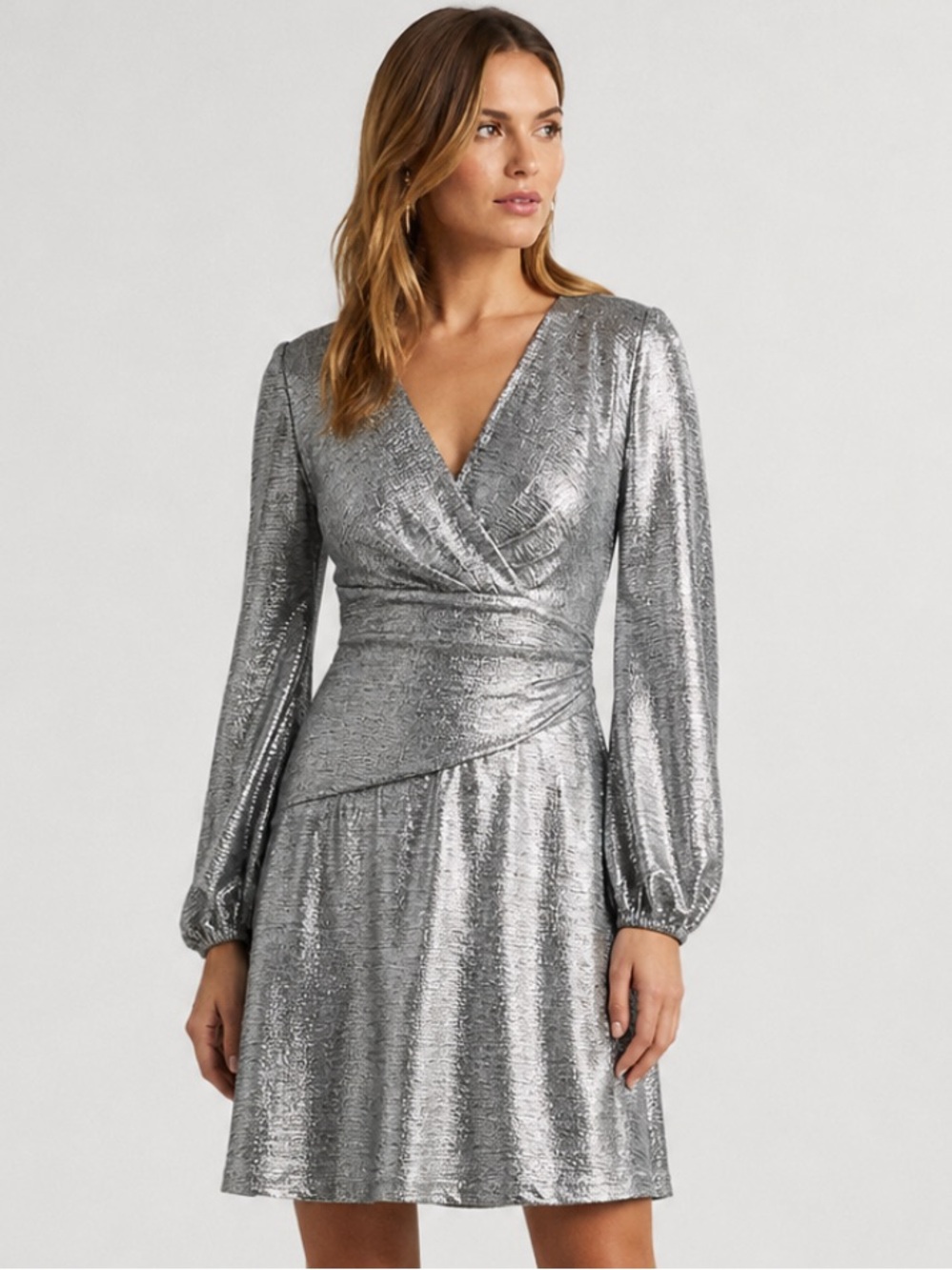 Ralph Lauren Black Label Metallic Long-Sleeve Dress in Silver